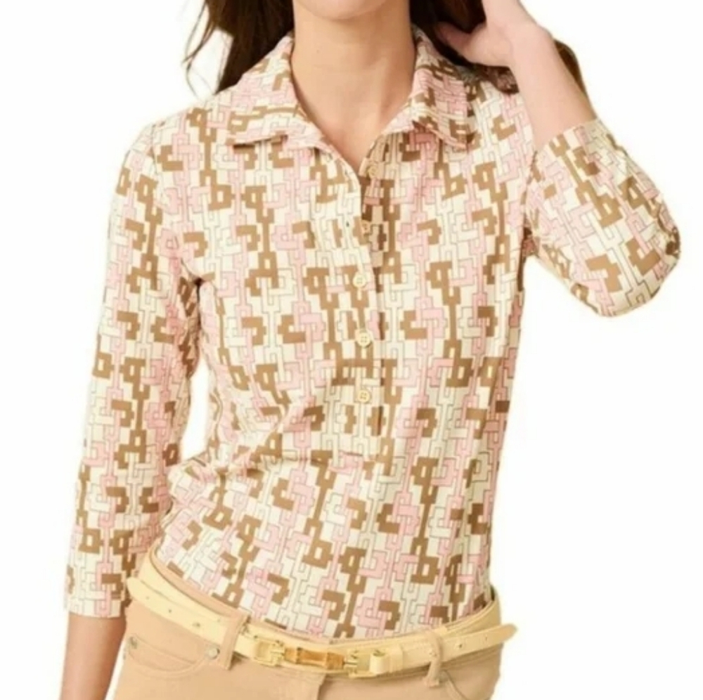 J. McLaughlin Catalina Cloth Court Polo Buttons Brown/Pink Resort Beachy Preppy